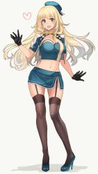 Rule 34 | 1girl, atago (kancolle), bandeau, beret, black gloves, black thighhighs, blonde hair, blue bandeau, blue eyes, blue footwear, blue hat, blue skirt, breasts, full body, gloves, grey background, hat, heart, high heels, highres, jacket, kantai collection, kasumi (skchkko), large breasts, long hair, midriff, navel, open clothes, open jacket, open mouth, pencil skirt, puffy short sleeves, puffy sleeves, race queen, short-sleeved jacket, short sleeves, simple background, skirt, smile, solo, thighhighs