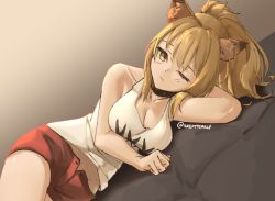 Rule 34 | 1girl, arknights, armpits, blonde hair, breasts, cleavage, collar, collarbone, copyright request, dutch angle, looking at viewer, lying, medium breasts, midriff, on side, ponytail, red shorts, shorts, siege (arknights), skeptycally, solo, tank top, twitter username