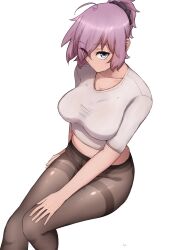 Rule 34 | 1girl, ahoge, aoba (kancolle), black pantyhose, black scrunchie, green eyes, hair ornament, hair scrunchie, highres, ikadamo, invisible chair, kantai collection, looking at viewer, messy hair, midriff, pantyhose, purple hair, scrunchie, shirt, sitting, solo, taut clothes, thighband pantyhose, white shirt