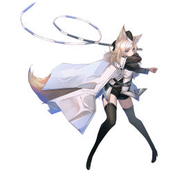 Rule 34 | 1girl, absurdres, animal ears, arknights, black footwear, black headwear, black jacket, black shorts, blonde hair, blue eyes, boots, cat ears, cat girl, cat tail, coat, full body, highres, holding, holding whip, jacket, ka11 ca, long hair, long sleeves, looking at viewer, shorts, simple background, solo, tail, thigh boots, thighhighs, whislash (arknights), white background, white coat