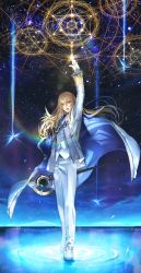 Rule 34 | 1boy, arm up, bishounen, blonde hair, blue eyes, cape, constellation, fate/grand order, fate (series), fighting stance, formal, full body, gloves, glowing, hexagram, highres, holding, holding staff, kirschtaria wodime, long hair, male focus, pants, pointing, pointing up, saint quartz (fate), sky, solo, staff, star (sky), starry sky, suit, white cape, white footwear, white gloves, white pants, white suit, wind, wind lift, yogifog6312
