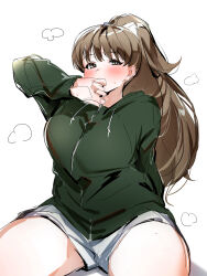 Rule 34 | 1girl, blush, breasts, brown hair, exhausted, green eyes, green hoodie, hand up, heavy breathing, highres, hood, hood down, hoodie, idolmaster, idolmaster cinderella girls, idolmaster cinderella girls starlight stage, karan, large breasts, long hair, long sleeves, looking at viewer, makihara shiho, ponytail, shorts, simple background, sitting, smile, solo, sweatdrop, wariza, white background, white shorts