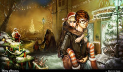 Rule 34 | 1boy, 1girl, blonde hair, blue eyes, boots, brown hair, candy, candy cane, carrying, christmas, christmas lights, christmas tree, electric sheep, food, glasses, hat, lantern, merry christmas, night, original, outdoors, pantyhose, patterned legwear, piggyback, red pantyhose, santa claus, santa hat, scenery, snow, striped clothes, striped pantyhose, winter