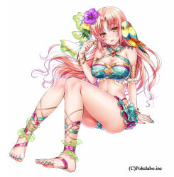 Rule 34 | 1girl, ankle lace-up, ankle ribbon, arm support, barefoot, bikini, bird, blue nails, blush, bracelet, breasts, brown eyes, cleavage, cockatiel, cross-laced footwear, feet, flower, full body, hair flower, hair ornament, hibiscus, hizuki akira, jewelry, large breasts, leg ribbon, long hair, looking at viewer, nail polish, navel, open mouth, original, parrot, parted lips, pink hair, ribbon, simple background, smile, solo, swimsuit, toenail polish, toenails, toes, white background