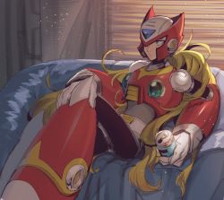 Rule 34 | 1boy, android, bad id, bad twitter id, blonde hair, blue eyes, can, capcom, couch, curtains, energy tank, gloves, hand on own knee, helmet, holding, holding can, kusuribe, leaning back, long hair, male focus, mega man (series), mega man x (series), ponytail, robot, sitting, solo, very long hair, white gloves, zero (mega man)