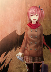 Rule 34 | 1girl, argyle, argyle clothes, argyle legwear, bad id, bad pixiv id, bag, coat, izumi sai, looking at viewer, open mouth, original, plaid, plaid skirt, pleated skirt, red eyes, red hair, red scarf, scarf, side ponytail, skirt, solo, spray can, spray paint, standing, thighhighs, wings, zettai ryouiki
