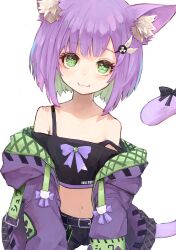 Rule 34 | 1girl, :3, animal ear fluff, animal ears, bare shoulders, black shorts, black tank top, blush, cat ears, cat girl, cat tail, closed mouth, colored inner hair, commission, cropped shirt, green eyes, green hair, highres, indie virtual youtuber, jacket, jacket partially removed, looking at viewer, medium hair, midriff, multicolored hair, navel, nyucha, off-shoulder shirt, off shoulder, purple hair, purple jacket, ribbon, shirt, shorts, shwaa, skeb commission, smile, solo, strap slip, symbol-shaped pupils, tail, tail ornament, tail ribbon, tank top, two-tone hair, undershirt, virtual youtuber