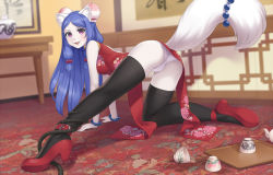 Rule 34 | 1girl, :3, all fours, animal ears, animal nose, ass, bare shoulders, bead bracelet, beads, black thighhighs, blue hair, blush, borrowed character, bracelet, china dress, chinese clothes, commission, cristalavi, cup, double bun, dress, from behind, full body, furry, furry female, hair bun, hair ribbon, indoors, jewelry, looking at viewer, looking back, on one knee, original, outstretched leg, panties, pelvic curtain, purple eyes, red dress, red footwear, ribbon, rope, shoes, solo, tail, tail ornament, teacup, thighhighs, tress ribbon, underwear, white panties