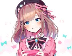Rule 34 | 1girl, :3, absurdres, aqua eyes, black bow, black headwear, blush, bow, bowtie, brown hair, buttons, commentary request, controller, crown, head bowed, head tilt, highres, holding, holding controller, looking at viewer, multicolored hair, nijisanji, ninahachi, pink bow, pink bowtie, pink hair, pink sweater, shirt, simple background, sketch, smile, solo, sparkle, streaked hair, suzuhara lulu, sweater, twitter username, upper body, virtual youtuber, white background, white shirt