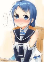 Rule 34 | 1girl, black gloves, black neckerchief, black sailor collar, blue eyes, blue hair, blush, chair, closed mouth, elbow gloves, gloves, have to pee, kantai collection, long hair, looking at viewer, mae (maesanpicture), neckerchief, nose blush, sailor collar, samidare (kancolle), school uniform, serafuku, simple background, sitting, skirt, sleeveless, solo, sweat, trembling, twitter username, white skirt