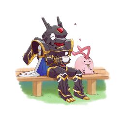 Rule 34 | alphamon, cape, coffee cup, cup, digimon, digimon (creature), digital monster x-evolution, disposable cup, eating, fangs, highres, tokomon, wings