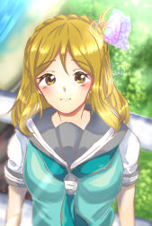 Rule 34 | 1girl, artist name, artist request, beach, blonde hair, blush, braid, breasts, brown eyes, buttons, collarbone, crown braid, female focus, green eyes, green neckerchief, green sweater, green sweater vest, grey sailor collar, hair rings, highres, looking at viewer, love live!, love live! sunshine!!, medium breasts, neckerchief, ocean, ohara mari, outdoors, parted lips, sailor collar, school uniform, shirt, short hair, short sleeves, smile, solo, sparkle, sweater, sweater vest, tie clip, upper body, uranohoshi school uniform, white shirt, yellow buttons, yellow eyes