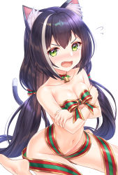 Rule 34 | 1girl, animal ear fluff, animal ears, barefoot, bell, black hair, blush, bow, breasts, cat ears, cat girl, cat tail, choker, cleavage, collarbone, commentary request, crossed arms, fang, flying sweatdrops, green eyes, groin, hair between eyes, hair bow, hair ribbon, highres, karyl (princess connect!), long hair, looking at viewer, low twintails, medium breasts, multicolored hair, naked ribbon, navel, neck bell, open mouth, princess connect!, ribbon, simple background, sitting, solo, streaked hair, sweatdrop, tail, tears, tomo (tmtm mf mf), twintails, v-shaped eyebrows, very long hair, wariza, white background, white hair
