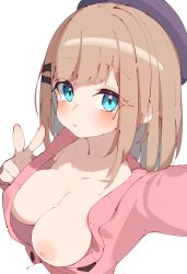 Rule 34 | 1girl, absurdres, bad id, bad twitter id, black headwear, black ribbon, blue eyes, blush, breasts, cleavage, closed mouth, collarbone, flat color, foreshortening, hair ribbon, hand up, highres, jacket, large breasts, light brown hair, long hair, long sleeves, looking at viewer, nijisanji, nipples, no bra, partially unbuttoned, pink jacket, rasusurasu, revision, ribbon, selfie, shiny skin, sidelocks, simple background, solo, straight hair, suzuhara lulu, suzuhara lulu (1st costume), tsurime, upper body, v, virtual youtuber, wavy mouth, white background