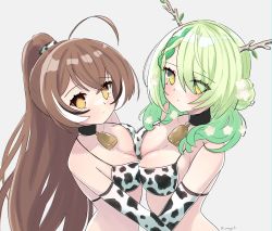 Rule 34 | 2girls, absurdres, ahoge, animal print, asymmetrical docking, bell, bikini, black choker, braid, breast press, breasts, brown eyes, brown hair, ceres fauna, choker, closed mouth, cow print, cow print bikini, cowbell, flower, green hair, hair flower, hair ornament, highres, hololive, hololive english, large breasts, long hair, looking at viewer, magui3, medium breasts, mole, mole under eye, multicolored hair, multiple girls, nanashi mumei, neck bell, ponytail, print bikini, revision, streaked hair, swimsuit, upper body, virtual youtuber, wavy hair, white hair, yellow eyes