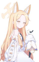 Rule 34 | 1girl, absurdres, animal, animal ear fluff, animal ears, bare shoulders, bird, blonde hair, blue archive, closed mouth, detached sleeves, dress, fox ears, halo, highres, long hair, seia (blue archive), simple background, solo, very long hair, wasi, white background, white dress, wide sleeves, yellow eyes, yellow halo