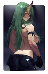 Rule 34 | 1girl, absurdres, arknights, arm scarf, back, back focus, backboob, black gloves, black pants, border, breasts, enn matien, from behind, gloves, green hair, highres, horns, hoshiguma (arknights), large breasts, looking at viewer, looking back, muscular, muscular female, pants, scar, scar on arm, scar on face, simple background, single horn, skin-covered horns, topless, white border, yellow eyes