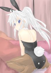 Rule 34 | 1girl, alternate costume, animal ears, ass, back, bare shoulders, blue eyes, brown pantyhose, choker, curtains, female focus, highres, leotard, long hair, looking back, mononobe no futo, pantyhose, pillow, playboy bunny, ponytail, rabbit ears, rabbit tail, silver hair, smile, solo, tail, tomuman, touhou, wrist cuffs