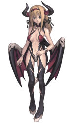 Rule 34 | 00s, 1girl, alternate costume, ar tonelico, ar tonelico i, armpits, aurica, aurica nestmile, bare shoulders, black footwear, black ribbon, black thighhighs, blue eyes, boots, breasts, breasts apart, center opening, cleavage, clenched hand, closed mouth, demon girl, demon horns, demon wings, full body, garter straps, gust, hair between eyes, hair ribbon, hairband, halterneck, highres, hip vent, horns, legs, leotard, light brown hair, light smile, long hair, looking at viewer, medium breasts, nagi ryou, navel, o-ring, o-ring top, official art, red wings, revealing clothes, ribbon, sideboob, sidelocks, simple background, skull, smile, solo, standing, thigh boots, thighhighs, white background, wings