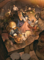 Rule 34 | 2girls, 6+boys, absurdres, alcohol, beard, beer, beer mug, blonde hair, brown hair, child, commentary request, copyright request, cover, cup, dragon girl, dragon horns, dragon tail, dress, drinking, eating, facial hair, fantasy, food, highres, horns, indoors, kururi, long hair, looking at another, mug, multiple boys, multiple girls, multiple scars, novel illustration, official art, open mouth, purple hair, scar, short hair, sitting, slit pupils, soup, standing, steam, table, tail, tankard, tavern, topless male, tray, tunic, yellow eyes