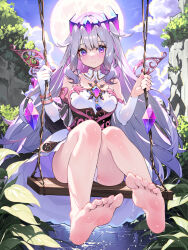 Rule 34 | 1girl, bare shoulders, barefoot, breasts, closed mouth, cloud, commentary request, elbow gloves, fingernails, full moon, gloves, grey hair, highres, hololive, hololive english, koseki bijou, koseki bijou (1st costume), legs, long hair, looking at viewer, medium breasts, moon, nail polish, outdoors, panties, purple eyes, red nails, single elbow glove, sitting, sky, smile, soles, solo, swing, toes, underwear, virtual youtuber, waterring, wet, white gloves, white panties