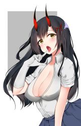 Rule 34 | 1girl, absurdres, ayuko (mochiayuko), azur lane, black hair, blue skirt, breasts, cleavage, collared shirt, cowboy shot, elbow gloves, covered erect nipples, gloves, grey background, hair ornament, highres, horns, index finger raised, large breasts, long hair, looking at viewer, open clothes, open mouth, open shirt, shirt, short sleeves, simple background, single glove, skirt, solo, straight hair, suzuya (azur lane), tongue, tongue out, two-tone background, white background, white gloves, white shirt, yellow eyes