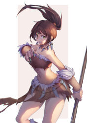 Rule 34 | 1girl, breasts, brown hair, jewelry, large breasts, league of legends, long hair, midriff, navel, nidalee, polearm, ponytail, solo, thieu quang duc, tribal, weapon, yellow eyes