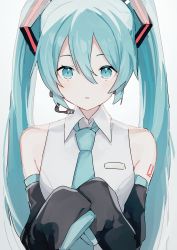 Rule 34 | 1girl, absurdres, aqua eyes, aqua hair, aqua necktie, armpit crease, bare shoulders, black sleeves, commentary, detached sleeves, grey shirt, hair ornament, hatsune miku, headphones, headset, highres, light blush, long hair, looking at viewer, necktie, own hands together, parted lips, shiratakiseaice, shirt, shoulder tattoo, sleeveless, sleeveless shirt, sleeves past fingers, sleeves past wrists, solo, tattoo, twintails, upper body, very long hair, vocaloid