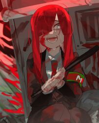 Rule 34 | 1girl, baton (weapon), black jacket, black pants, blood, blood on clothes, blood on face, crying, grey eyes, hair over one eye, hamelon310, highres, holding, holding weapon, indoors, jacket, limbus company, long hair, open mouth, pants, pink hair, project moon, scared, sitting, solo, tears, very long hair, weapon, yuri (project moon)