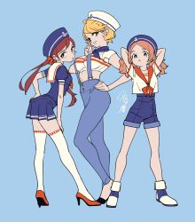 Rule 34 | 3girls, anchor symbol, aqua eyes, arched back, arms behind head, black footwear, blonde hair, blue background, blue pants, blue shorts, blue skirt, breasts, brown eyes, brown hair, dress, hair ribbon, hand on own hip, hat, high heels, highres, large breasts, long hair, looking at viewer, midriff, multiple girls, original, overalls, pants, pleated skirt, red footwear, red sailor collar, ribbon, sailor, sailor collar, sailor dress, sailor hat, short hair, short sleeves, shorts, signature, simple background, skirt, strap gap, suspenders, tayama midori, twintails, white sailor collar