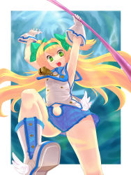 Rule 34 | 1girl, arc system works, armpits, arms up, blazblue, blazblue: continuum shift, blonde hair, gloves, green eyes, hairband, highres, long hair, platinum the trinity, ribbon, solo, symbol-shaped pupils, two side up