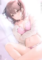 Rule 34 | 1girl, 6u (eternal land), absurdres, bare shoulders, bed sheet, blush, bow, bow panties, bra, breasts, brown eyes, brown hair, buttons, collarbone, fingernails, frills, from side, hair bow, hand on own chest, highres, huge filesize, jacket, long sleeves, looking at viewer, lying, medium breasts, off shoulder, open mouth, original, page number, panties, pink bra, pink panties, scan, short twintails, simple background, solo, thighs, twintails, underwear