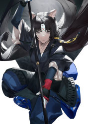 Rule 34 | 1boy, animal ears, arknights, belt, black hair, blazpu, cape, commentary, facial mark, facing viewer, fingerless gloves, forehead, forehead mark, gloves, grey eyes, hair ornament, highres, holding, holding weapon, long hair, long sleeves, looking at viewer, male focus, parted bangs, saga (arknights), simple background, solo, weapon, white background, wide sleeves