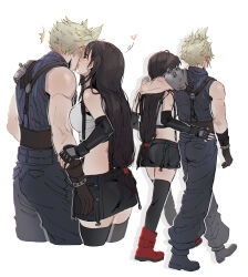 Rule 34 | 1boy, 1girl, arm around shoulder, armor, baggy pants, bare shoulders, black footwear, black gloves, black hair, black skirt, black thighhighs, blonde hair, blue pants, blue sweater, blush, boots, breasts, closed eyes, cloud strife, commentary, couple, cowboy shot, crop top, cropped legs, ear blush, earrings, elbow gloves, english commentary, facing another, final fantasy, final fantasy vii, final fantasy vii rebirth, final fantasy vii remake, fingerless gloves, from behind, full body, gloves, hand on another&#039;s arm, hand on another&#039;s hip, heart, height difference, highres, jewelry, kiss, kissing cheek, large breasts, long hair, low-tied long hair, multiple views, pants, pudelmudel, red footwear, ribbed sweater, short hair, shoulder armor, simple background, single bare shoulder, single earring, skirt, sleeveless, sleeveless turtleneck, spiked hair, suspender skirt, suspenders, sweater, tank top, teardrop earrings, thighhighs, tifa lockhart, turtleneck, turtleneck sweater, walking, white background, white tank top, zettai ryouiki
