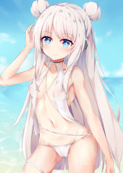 Rule 34 | + +, 1girl, absurdres, arm up, azur lane, bare arms, bare shoulders, blue eyes, blue sky, blurry, blurry background, blush, breasts, cameltoe, closed mouth, cloud, collarbone, commentary request, day, depth of field, double bun, gluteal fold, grey hair, groin, highres, horizon, le malin (azur lane), le malin (mercredi at the secret base) (azur lane), long hair, medium breasts, nagato-chan, navel, ocean, outdoors, panties, revision, sky, smile, solo, underwear, very long hair, water, white panties