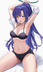 Rule 34 | 1girl, armpits, arms up, black bra, black buruma, blue archive, blue eyes, bra, buruma, halo, highres, kneeling, long hair, looking at viewer, noho (yp6166), open mouth, parted bangs, partially undressed, ponytail, purple hair, shirt, solo, star sticker, sticker on face, underwear, very long hair, white shirt, yuuka (blue archive)