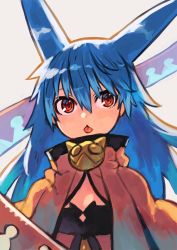 Rule 34 | 1girl, black capelet, blue hair, capelet, dragon tail, hair between eyes, highres, long hair, looking to the side, multicolored capelet, multicolored tail, orange capelet, orange tail, original, red eyes, red pupils, ringed eyes, rumie, simple background, solo, tail, tail raised, tiona, tongue, tongue out, upper body, white background, white tail