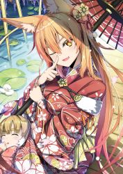 Rule 34 | 2girls, ;d, absurdres, animal ears, blonde hair, breasts, commentary request, day, fang, finger to face, floral print, flower, fox ears, hair between eyes, hair ornament, hand up, head tilt, highres, holding, holding umbrella, index finger raised, japanese clothes, kimono, lily (flower), lily pad, long hair, long sleeves, looking at viewer, medium breasts, multiple girls, oil-paper umbrella, one eye closed, open mouth, original, outdoors, parasol, parted lips, pier, print kimono, purple flower, red kimono, sidelocks, sitting, sleeping, smile, sunlight, thick eyebrows, twintails, umbrella, very long hair, water, white flower, wind chime, yellow eyes, zelitto
