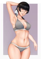 Rule 34 | 1girl, absurdres, arm up, armpits, bikini, black hair, breasts, cleavage, collarbone, cut bangs, dawid33, glasses, grey eyes, hair ribbon, highres, looking at viewer, medium breasts, mole, mole on breast, mole on stomach, mole under eye, mole under mouth, open mouth, original, ponytail, presenting armpit, ribbon, sidelocks, simple background, smelling, smile, stomach, swimsuit, underwear, white ribbon