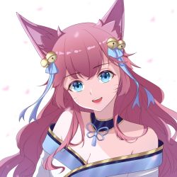 Rule 34 | 1girl, ahri (league of legends), animal ears, blue eyes, close-up, fox ears, fox girl, long hair, looking at viewer, open mouth, pink hair, skynokii, solo, spirit blossom ahri, white background