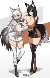 Rule 34 | &gt;:), 2girls, absurdres, animal ear fluff, animal ears, areola slip, asymmetrical legwear, bare shoulders, black hair, black thighhighs, blue eyes, breasts, cleavage, commission, crop top, dated, deep skin, elbow gloves, fox ears, fox girl, fox tail, gloves, grabbing, grabbing another&#039;s breast, heart, high heels, highres, huge breasts, long hair, long legs, makino momiji (artist), microskirt, midriff, mismatched legwear, multiple girls, multiple tails, one eye closed, open mouth, orange thighhighs, original, race queen, shirt, shrug (clothing), sideboob, signature, simple background, skeb commission, skirt, sleeveless, sleeveless shirt, smile, tail, thighhighs, v-shaped eyebrows, very long hair, white gloves, white hair, white thighhighs, yellow eyes, zettai ryouiki