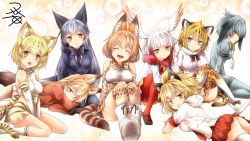 Rule 34 | 10s, 6+girls, :d, ^ ^, animal ears, ass, bare shoulders, black gloves, black hair, black pantyhose, blonde hair, blunt bangs, blush, boots, bow, bowtie, breasts, cat ears, cat tail, closed eyes, elbow gloves, ezo red fox (kemono friends), fox ears, fox tail, fur collar, fur trim, gloves, grey hair, grey legwear, grey shirt, grey shorts, hair between eyes, head wings, high-waist skirt, highres, jacket, jaguar (kemono friends), jaguar ears, japanese crested ibis (kemono friends), kemono friends, lap pillow, lion (kemono friends), lion ears, lion tail, long hair, long sleeves, looking at viewer, lying, mary janes, medium breasts, multicolored hair, multiple girls, necktie, no panties, on side, on stomach, open mouth, pantyhose, pleated skirt, red hair, red legwear, sand cat (kemono friends), serval (kemono friends), serval print, serval tail, shirt, shoebill (kemono friends), shoes, short hair, short sleeves, shorts, silver fox (kemono friends), sitting, skirt, sleeveless, sleeveless shirt, smile, streaked hair, striped tail, tail, thighhighs, two-tone hair, v arms, white hair, white legwear, white shirt, wings, yellow eyes, yua (checkmate)