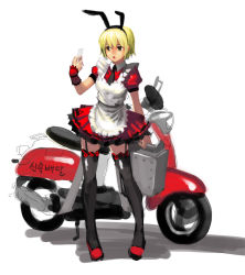 Rule 34 | 1girl, animal ears, apron, blonde hair, contrapposto, garter straps, holding, kamdia, maid, maid apron, motor vehicle, necktie, rabbit ears, scooter, short hair, solo, standing, thighhighs, vehicle