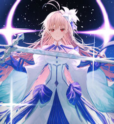 Rule 34 | 1girl, absurdres, antenna hair, archetype earth, arcueid brunestud, blonde hair, blue gloves, blue ribbon, breasts, commission, detached collar, detached sleeves, dress, fate/grand order, fate (series), floating, floating object, floating weapon, flower, gloves, grin, hair flower, hair ornament, hair ribbon, highres, long hair, looking at viewer, medium breasts, red eyes, ribbon, single hair intake, skeb commission, smile, solo, sword, tsukihime, tsukihime (remake), very long hair, weapon, white dress, white flower, wide sleeves, yagi (yagi5art)