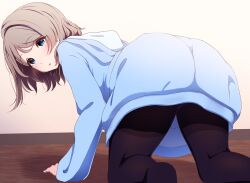 Rule 34 | 1girl, absurdres, all fours, amagi (volfuji), ass, black pantyhose, blue eyes, blue sweater, brown hair, grey hair, highres, hood, long sleeves, looking at viewer, looking back, love live!, love live! sunshine!!, pantyhose, short hair, solo, sweater, watanabe you, wooden floor
