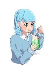 Rule 34 | 1girl, blue eyes, blue hair, blue sweater, blush, cherry, collared shirt, cup, drinking, drinking straw, drinking straw in mouth, edomon-do, food, food on face, fruit, highres, holding, holding cup, holding spoon, ice cream, ice cream on face, long sleeves, melon soda, mona lisa no zaregoto, shirt, short hair, simple background, solo, sora (mona lisa no zaregoto), spoon, sweater, upper body, white background, white shirt