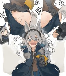 Rule 34 | 2girls, ?, @ @, animal ears, arknights, ass, blush, breasts, crying, crying with eyes open, doctor (arknights), embarrassed, female pubic hair, gloves, grani (arknights), grey hair, groin, hair between eyes, hip vent, horse ears, long hair, looking at viewer, mikozin, multiple girls, open mouth, pants, ponytail, pubic hair, shirt, skadi (arknights), spoken question mark, tail, tears