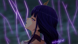 Rule 34 | 1girl, absurdres, blurry, blurry background, cloud, cloudy sky, commentary, electricity, english commentary, eyeliner, from behind, genshin impact, hair ornament, highres, lightning, long hair, looking at viewer, looking back, makeup, open mouth, portrait, purple eyes, purple hair, raiden shogun, sky, solo, th3 zedgod art, twitter username