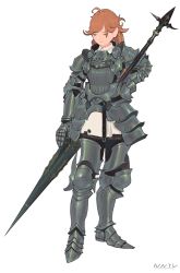 Rule 34 | 1girl, ahoge, armor, armored boots, artist name, boots, brown hair, chainmail, character request, closed eyes, closed mouth, collar, copyright request, facing viewer, full armor, full body, gloves, hair between eyes, highres, holding, holding lance, holding polearm, holding spear, holding weapon, knee pads, lance, leg armor, long hair, nanora, original, pauldrons, plate armor, polearm, shirt, shoulder armor, spear, standing, weapon, white shirt