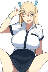 Rule 34 | 1girl, ;d, accio, bad id, bad pixiv id, blonde hair, blue eyes, blue nails, bracelet, breasts, fang, highres, hoshino manako, jewelry, kneehighs, large breasts, long hair, looking at viewer, miniskirt, nail polish, one eye closed, open mouth, original, panties, pantyshot, simple background, sitting, skirt, smile, socks, solo, spread legs, star-shaped pupils, star (symbol), symbol-shaped pupils, underwear, v, white background, white panties, white socks